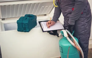 Appliance repair professional taking notes after diagnosing a fault